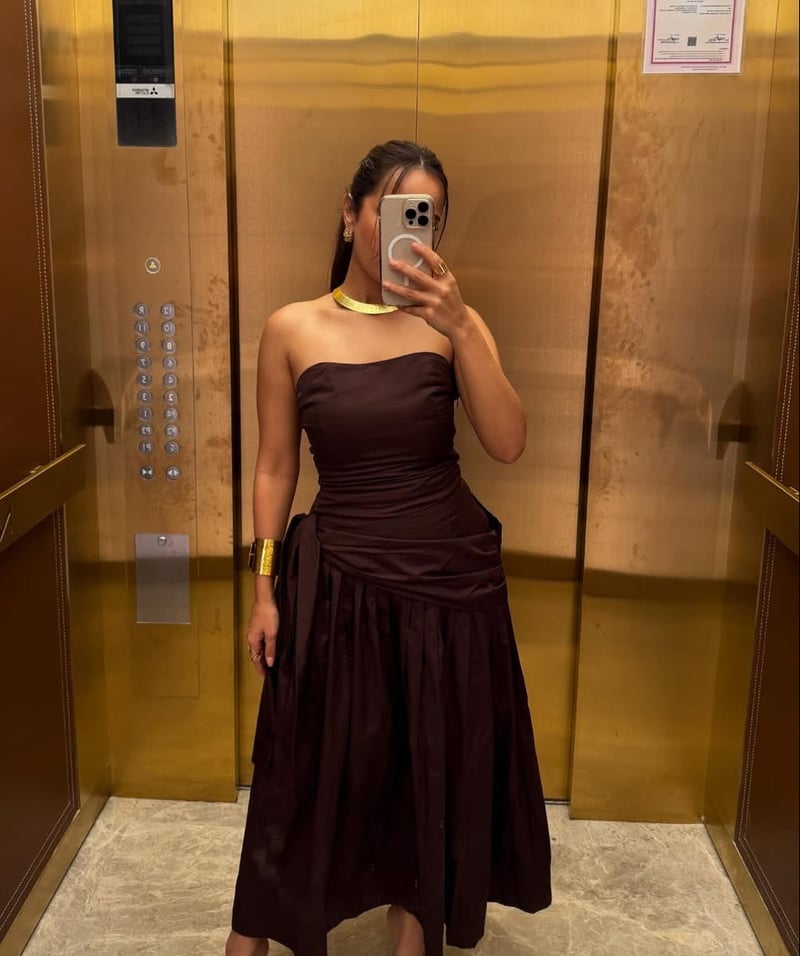 Brown Strapless Pleated Midi Dress with Side-Tie Drape
