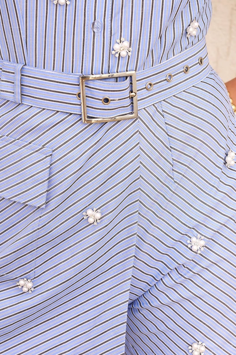 Blue Striped Pearl Embellished Shirt Romper with Belt