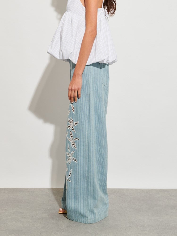 Washed Blue High-Waist Wide-Leg Cutwork Denim Jeans