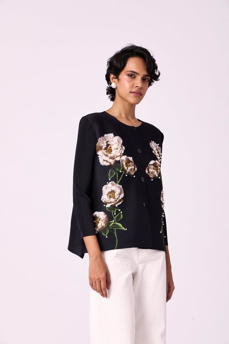 Black Pleated Floral Shirt with Pearl Details