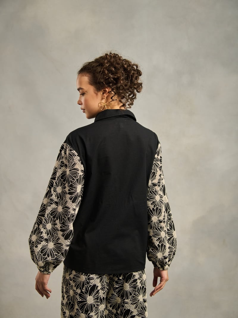 Black Cotton Schiffli Cutwork Sleeve Button-Down Shirt