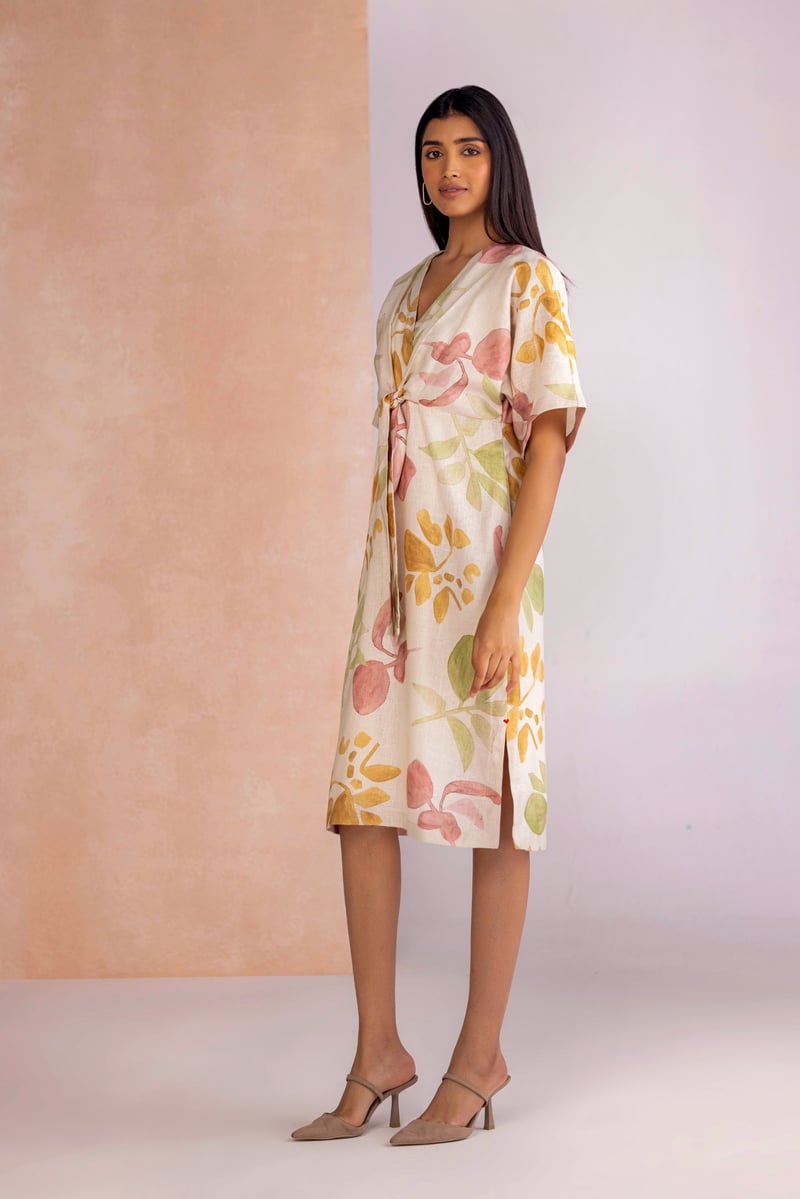 Off-White Watercolor Floral Tie-Waist Knee Dress