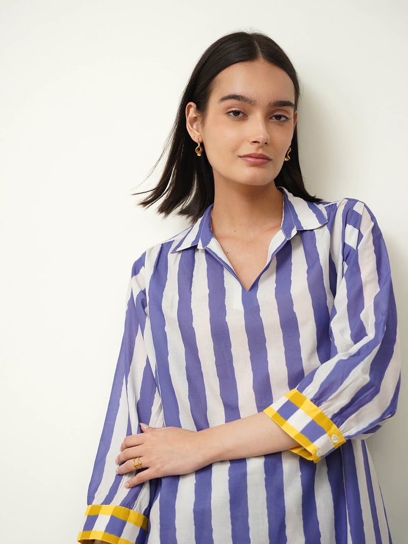 Cotton Stripe Play Shirt Collar Kurta Set
