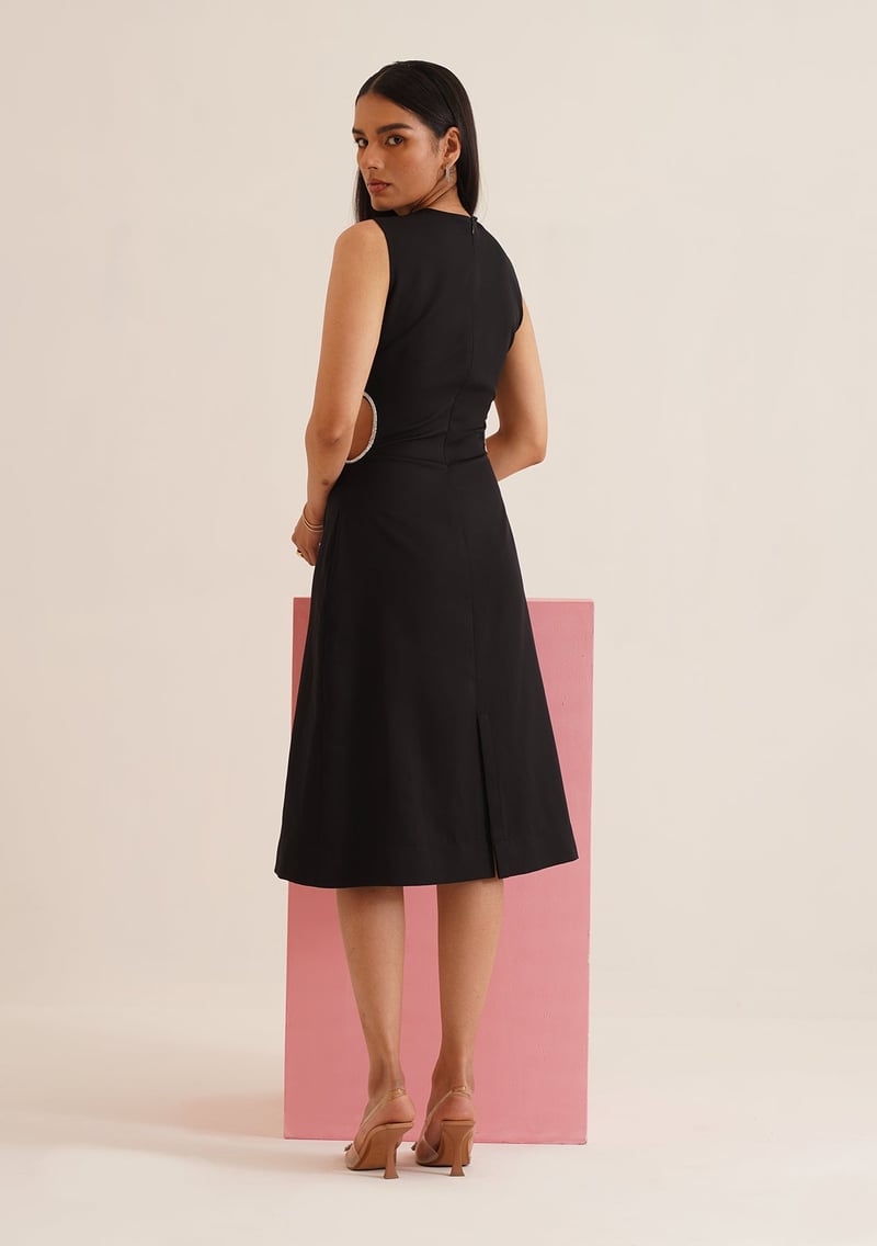 Black Bodycon Midi Dress with Rhinestone Waist Cut-Outs