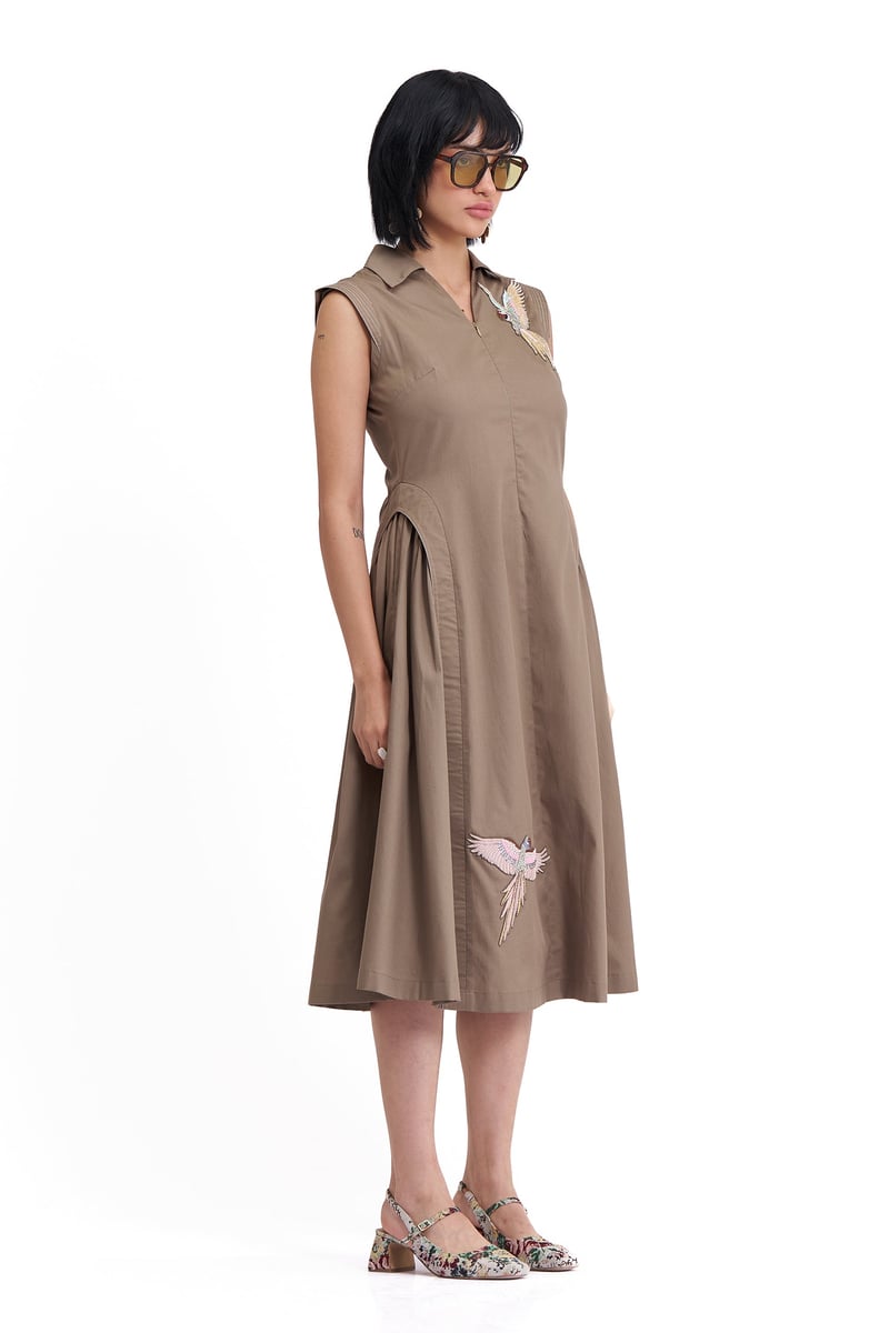 Mushroom Cotton Twill Sleeveless Collared Midi Dress