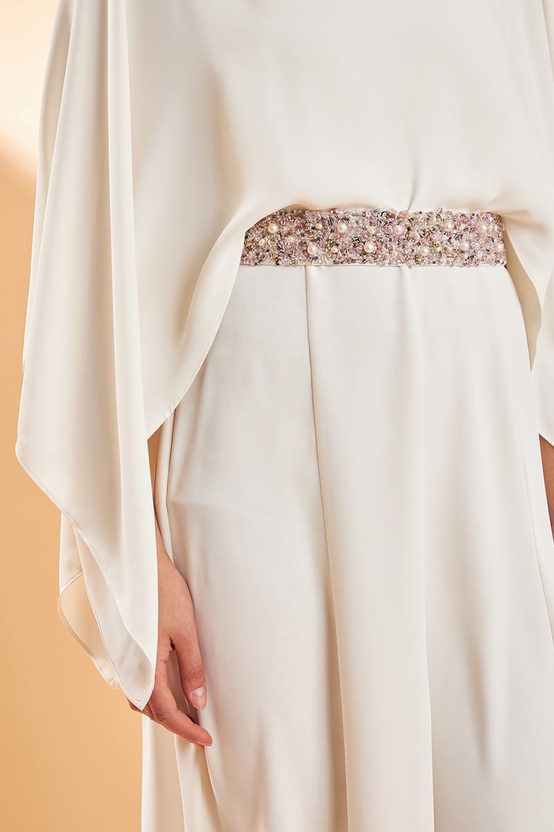 Cream Draped Cape Sleeve Jumpsuit with Embellished Belt