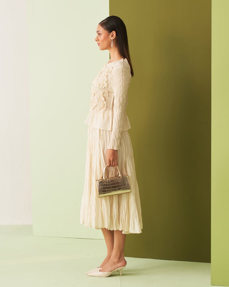 Ivory Textured Top and Pleated Midi Skirt Co-ord Set