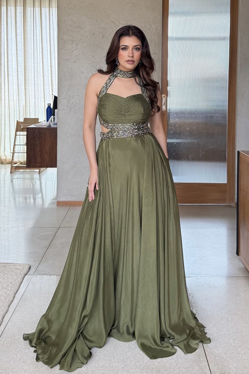 Dusty Olive Green Chiffon Halter-Neck Maxi Gown — QUNIC