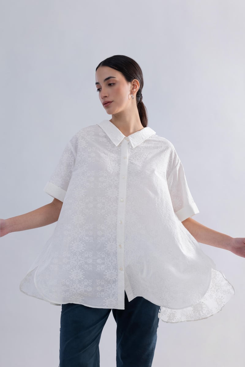 White Cotton Schiffli Anti-Fit Button-Down Shirt