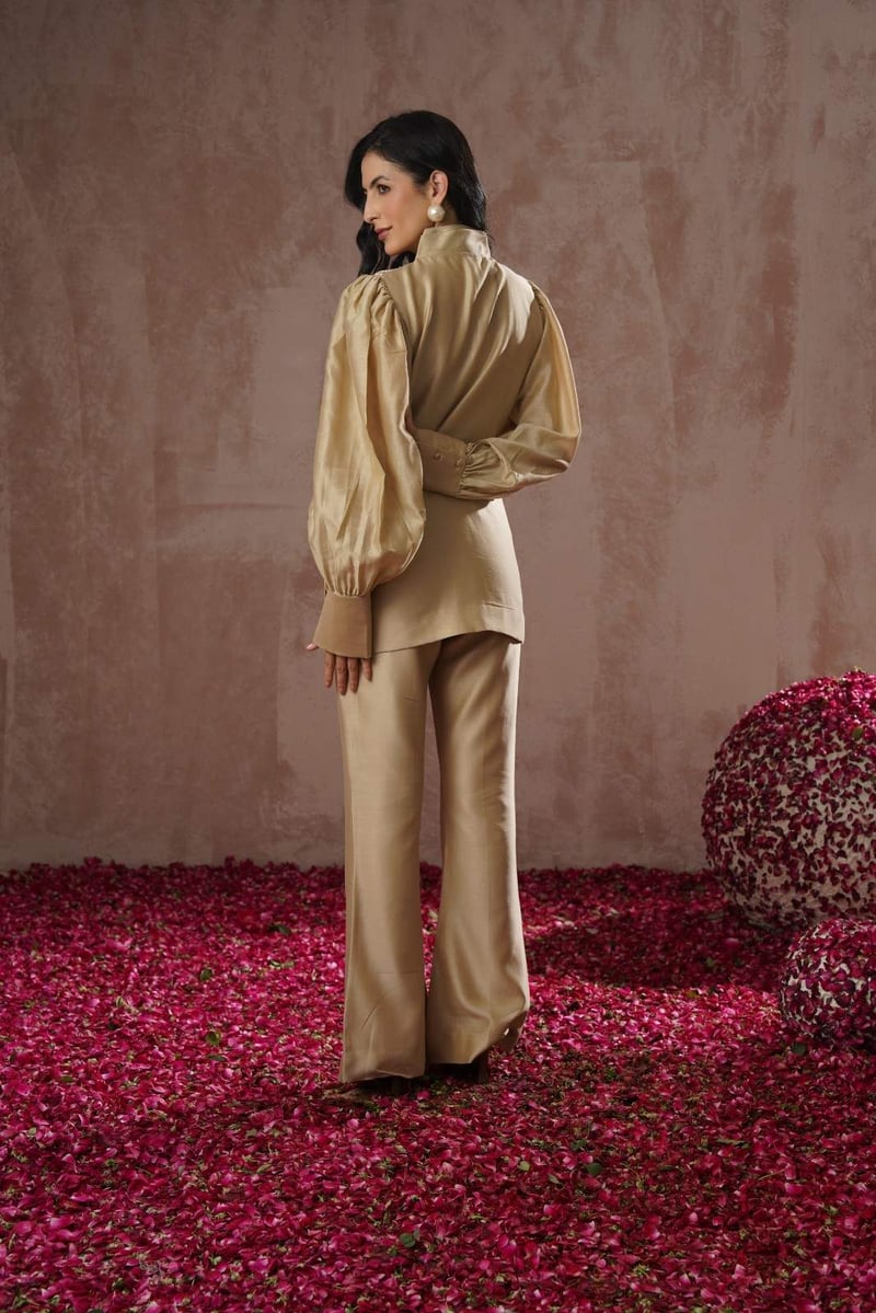Beige Chanderi Silk Embroidered Co-ord Set