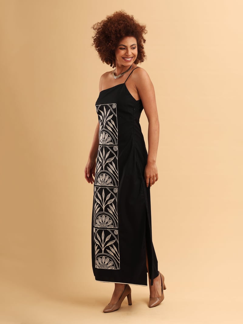 Black One-Shoulder Maxi Dress with Embroidered Panel