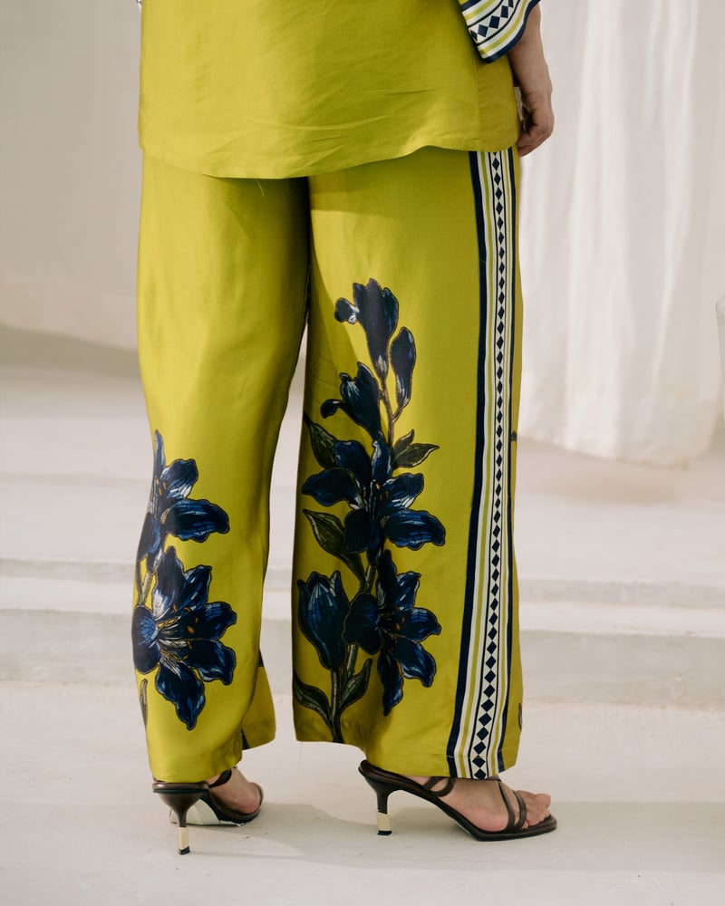 Green Wide-Leg High-Waist Floral Printed Trousers