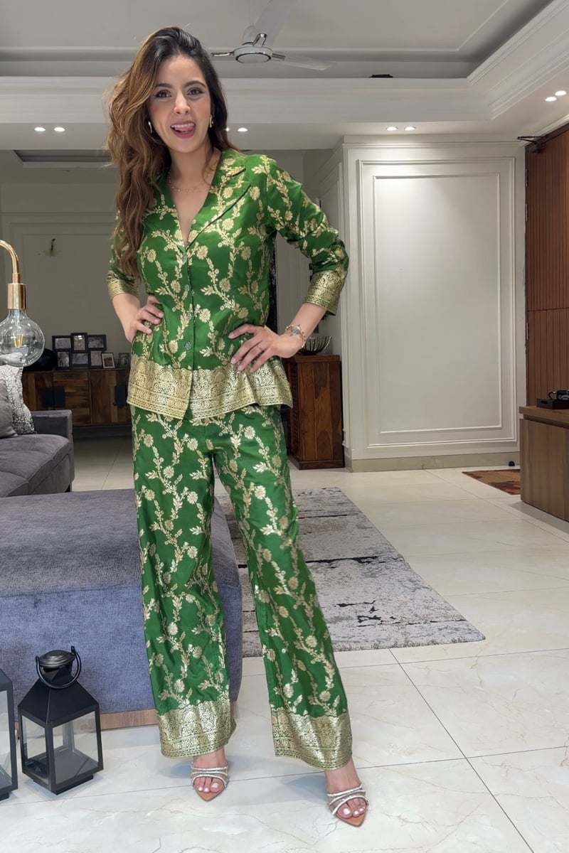 Green Brocade Floral Co-ord Set with Gold Border