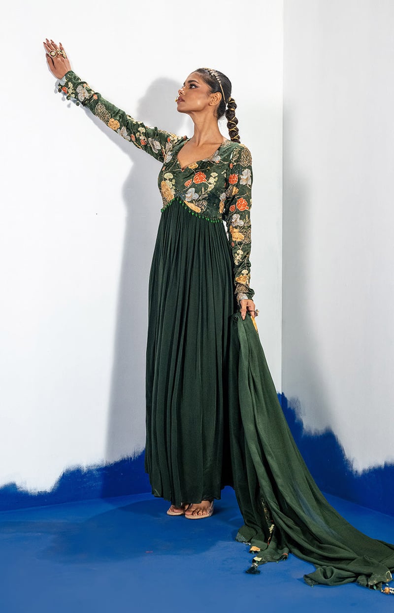 Green Anarkali Kurta Set with Embroidered Yoke and Dupatta