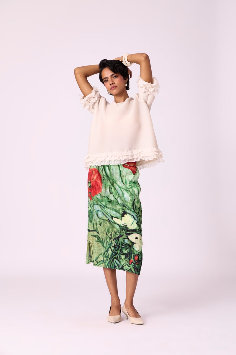 Green Floral Pleated Midi Skirt