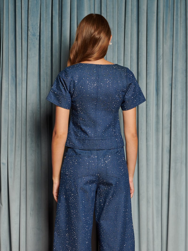 Blue Square-Neck Sparkle Button-Front Top