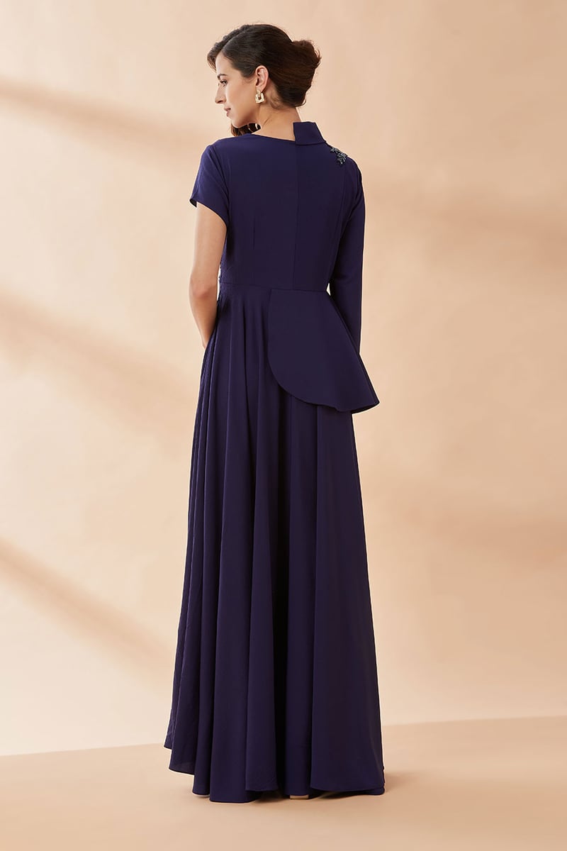 Navy Crystal-Embellished Blazer Gown Maxi Dress