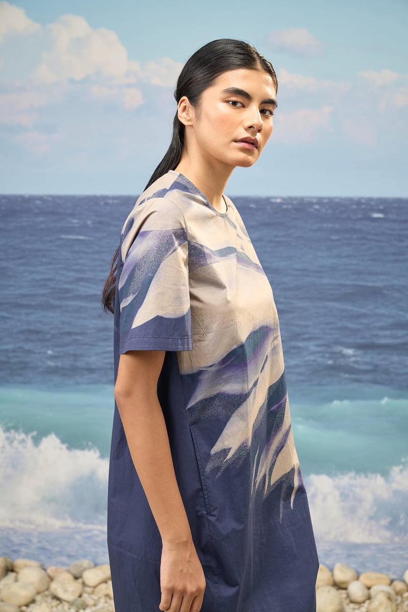 Navy Abstract Print Cotton Poplin Shift Mini Dress