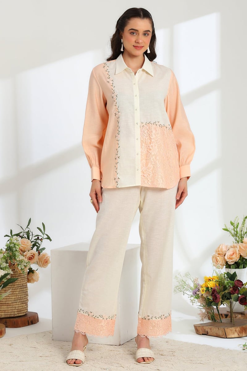 Florea Peach Hand Embroidered French Lace Silk Linen Co-Ord Set