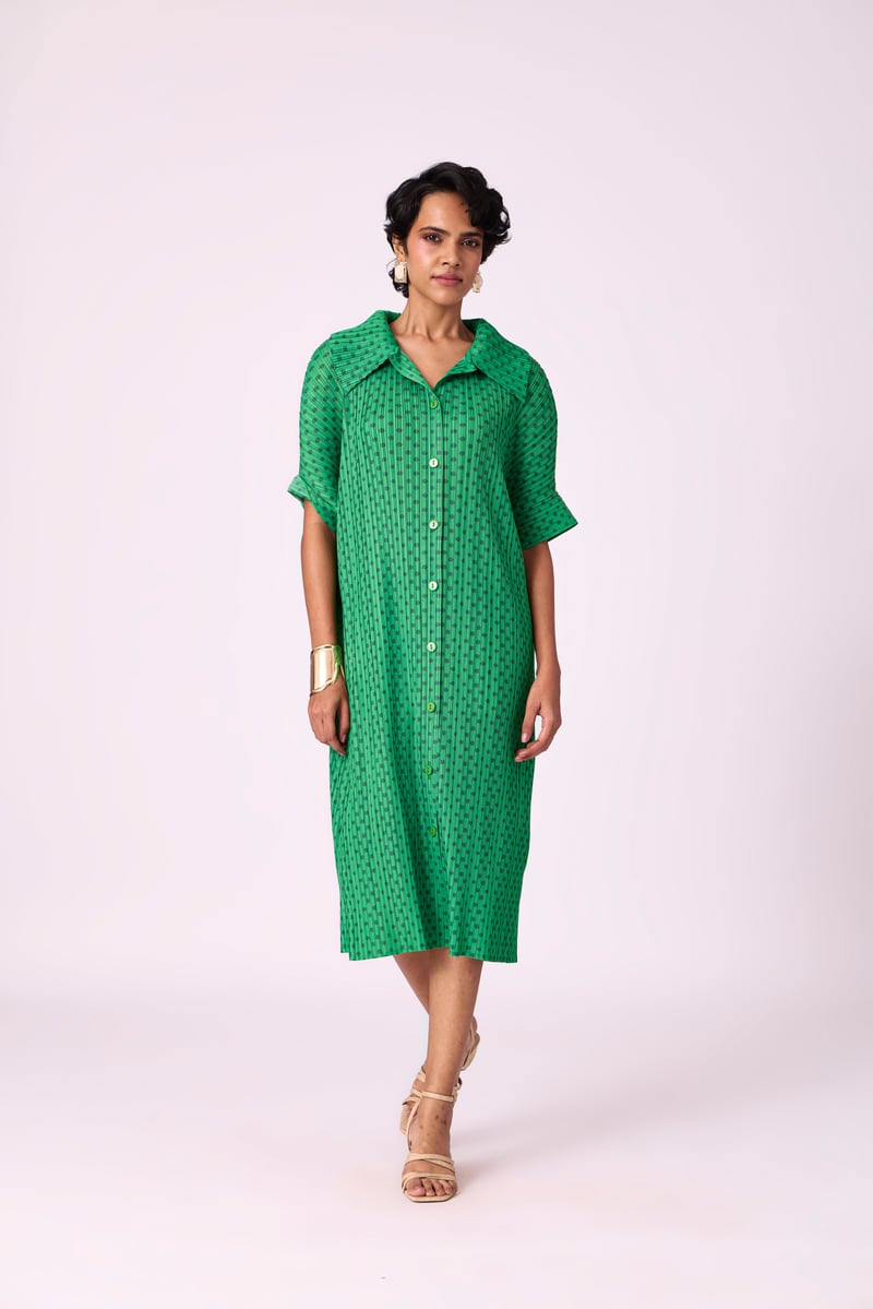 Green Pleated Printed Midi Shirt Dress