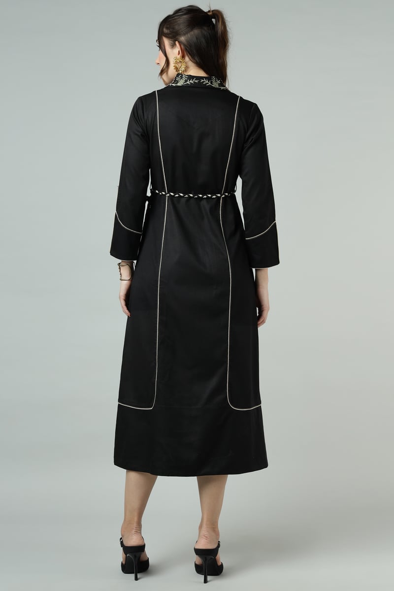 Black Embroidered Collar Belted Trench Jacket