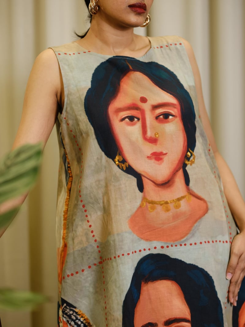 Multicolor Linen-Cotton Graphic Print Shift Mini Dress