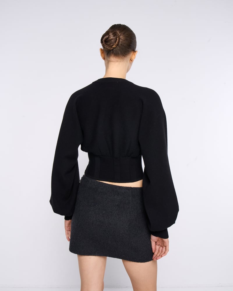 Black Cropped Puff Sleeve Sweater with Waist Panel