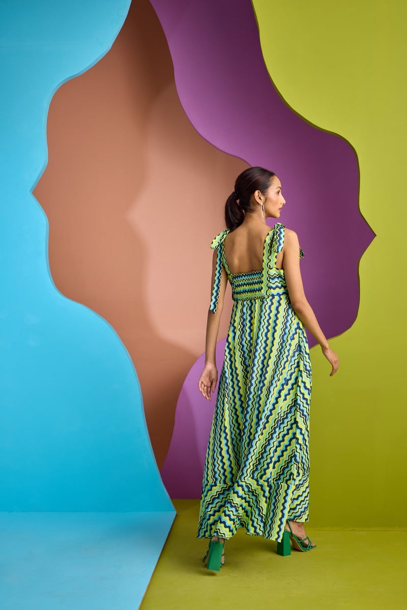Blue-Green Abstract Wave Print Cotton Maxi Dress
