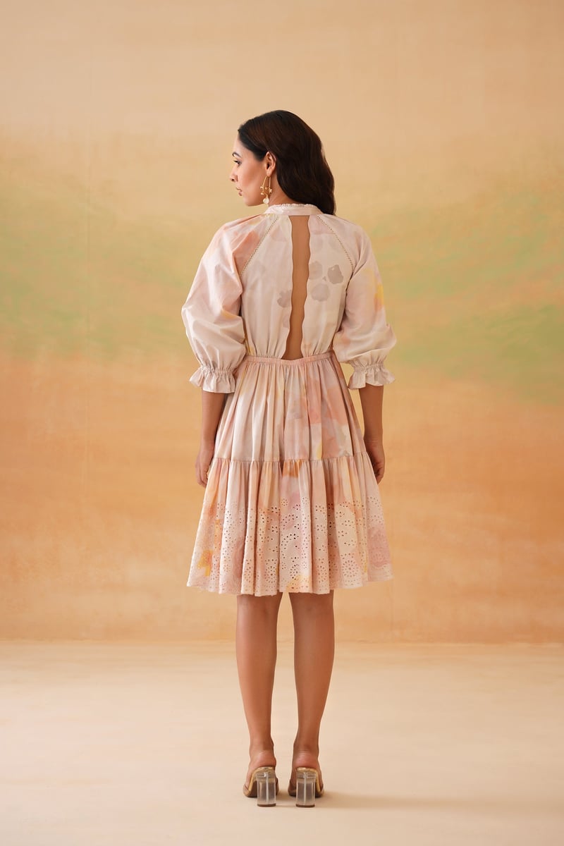 Pink Floral Tiered Knee-Length Dress with 3/4 Sleeves