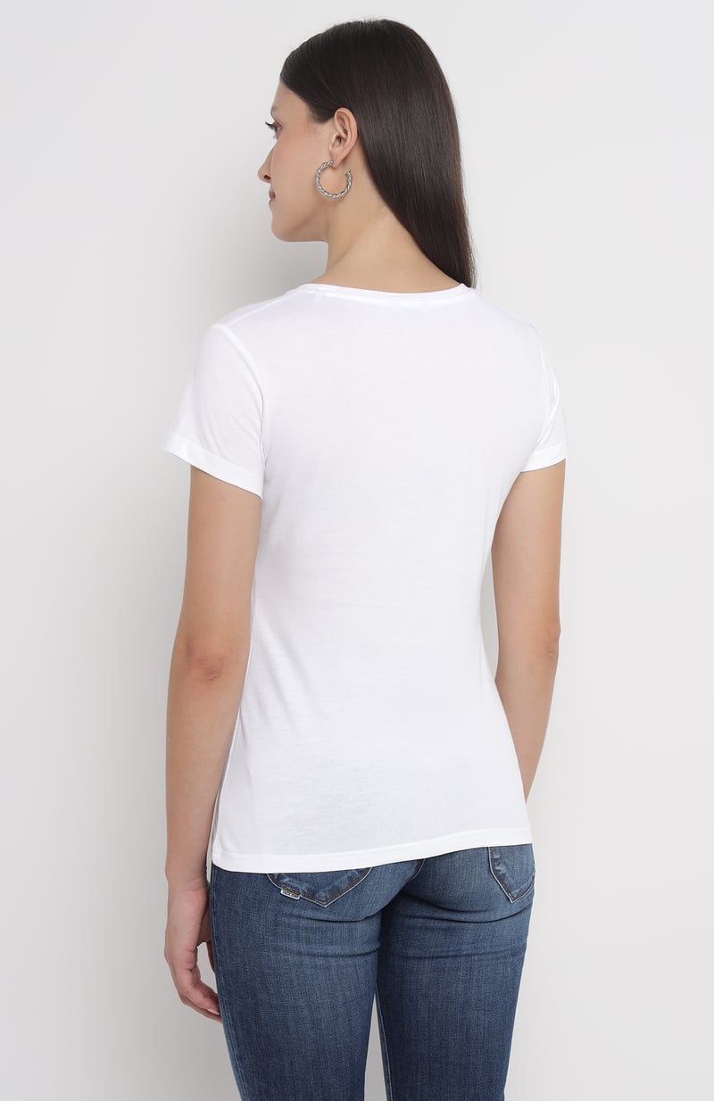 White Cotton Crew Neck T-shirt with Floral Graphic Print