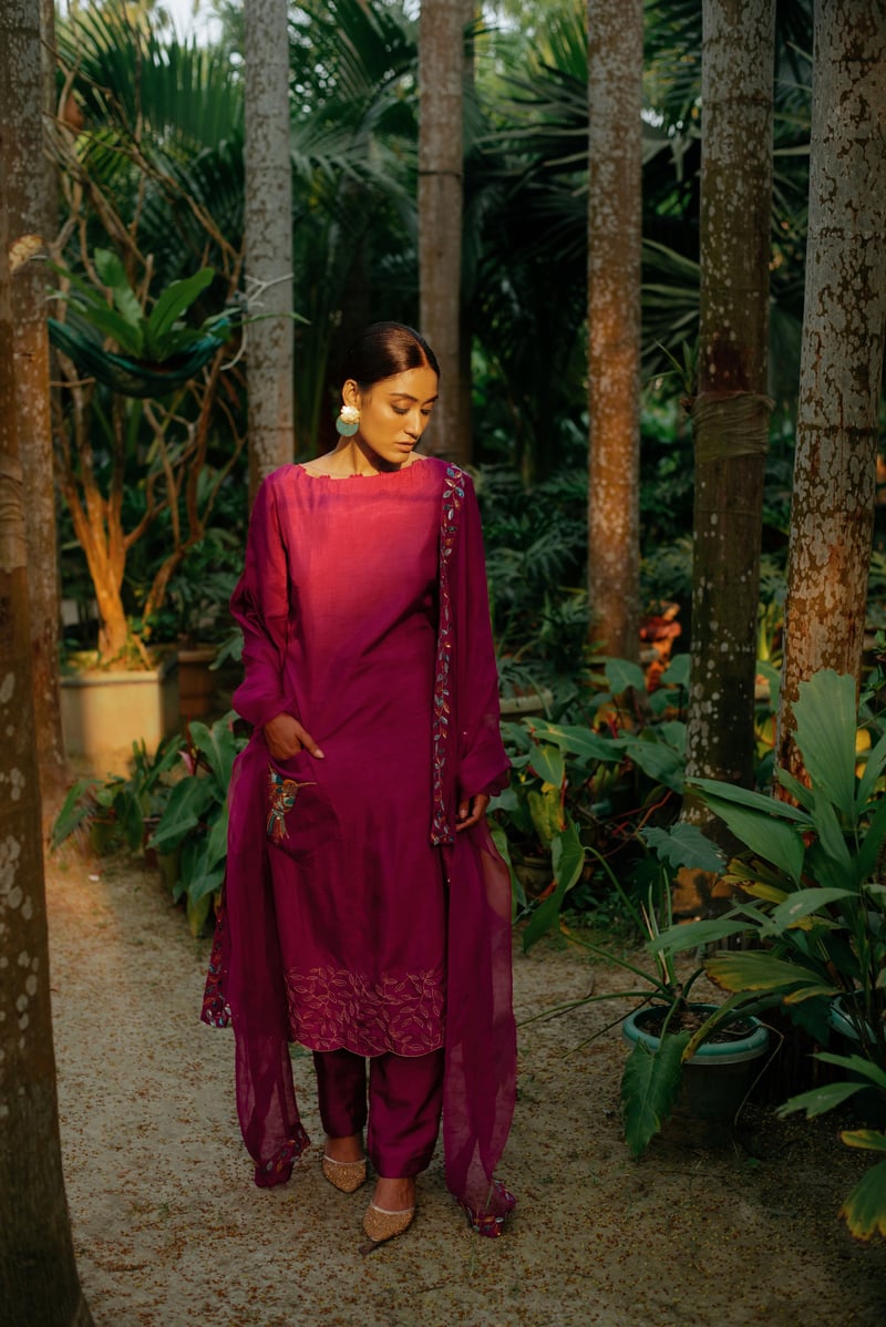 Pink A-Line Kurta Set with Boat Neck and Dupatta