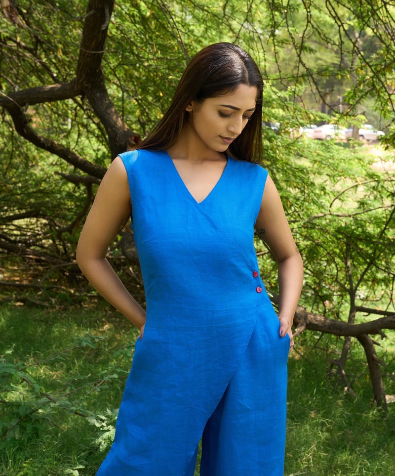 Blue Linen Wrap-Front Wide-Leg Jumpsuit