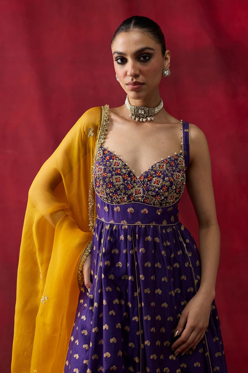 Purple Block Print Embroidered Anarkali Kurta Set