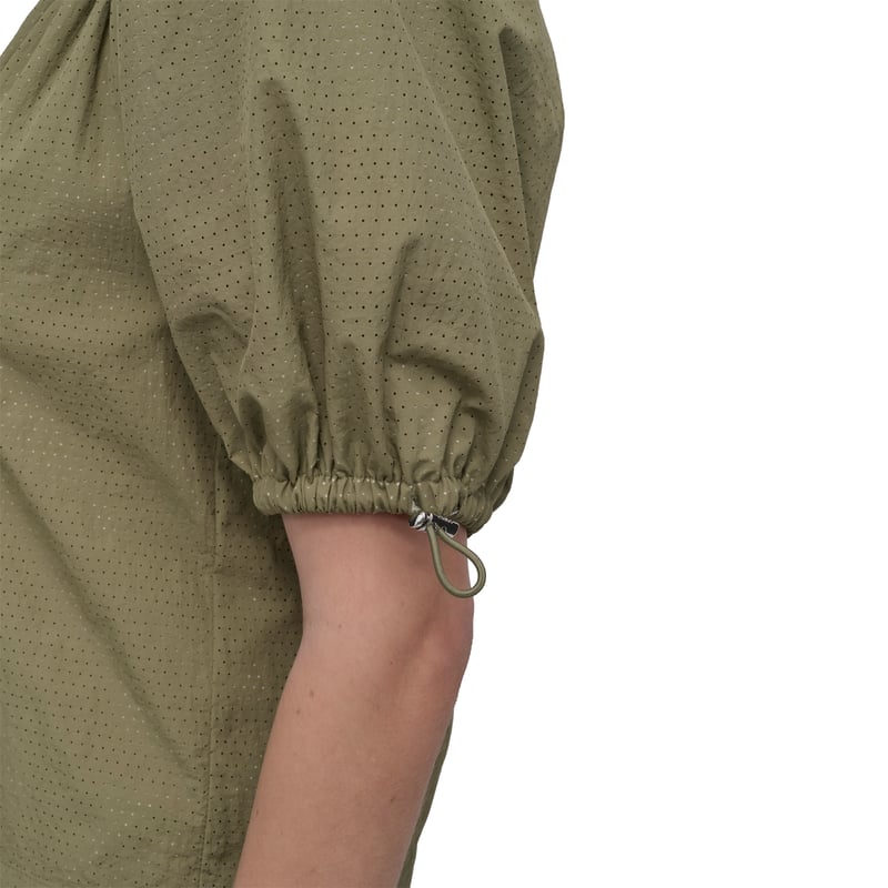 Utility Green Perforated Nylon Puff Sleeve V-Neck Top