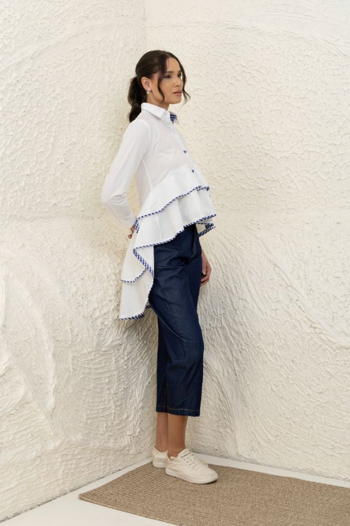 White Hi-Low Tiered Cotton Shirt with Blue Gingham Trim