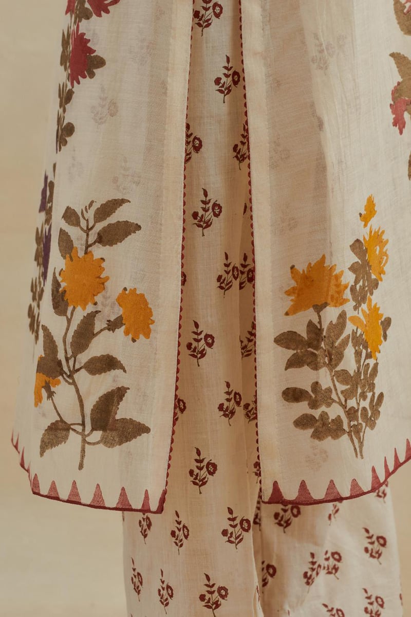 Beige Floral Block Print Straight Kurta Set with Dupatta