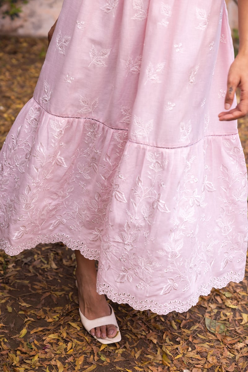 Pink Linen Cotton Embroidered Tiered Maxi Shirt Dress
