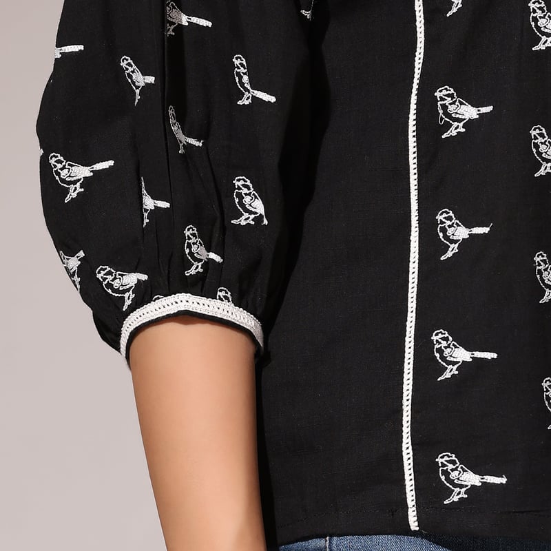 Black Bird Motif Oversized Top with Yoke Detail