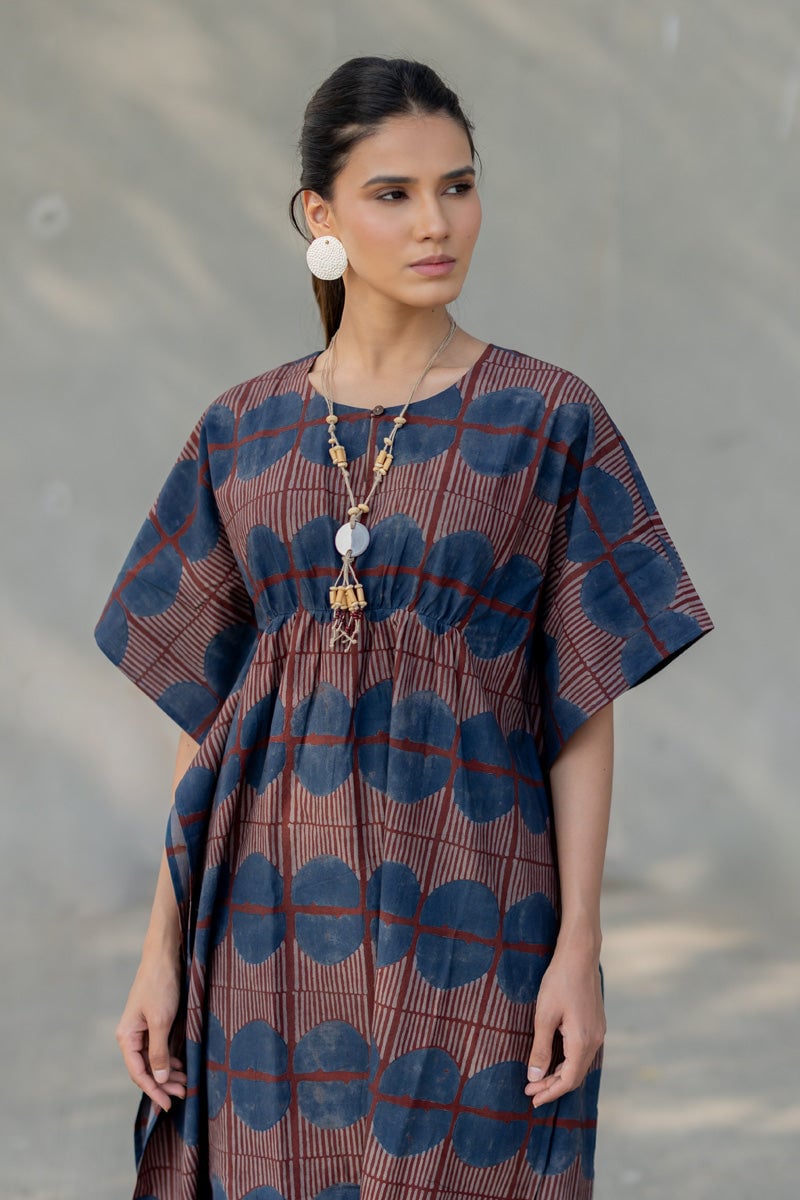 Burgundy and Blue Printed Cotton Midi Kaftan Dress