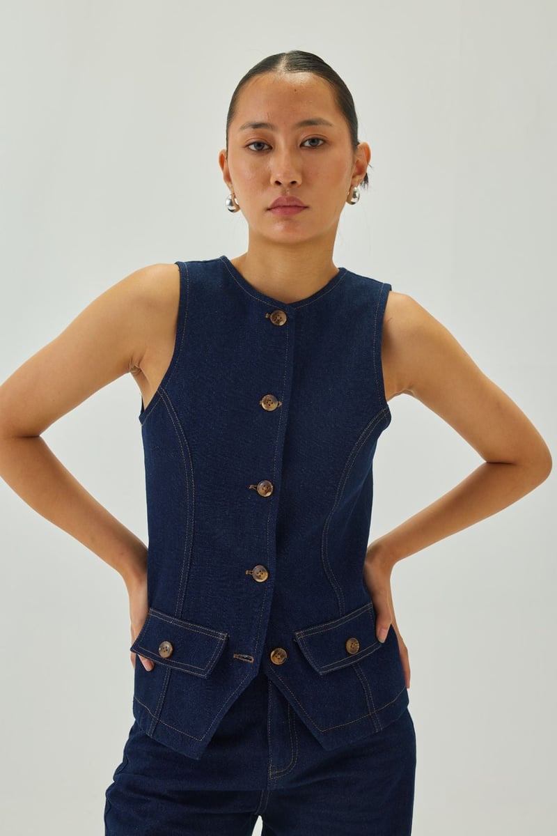 Blue Denim Round Neck Button-Front Waistcoat