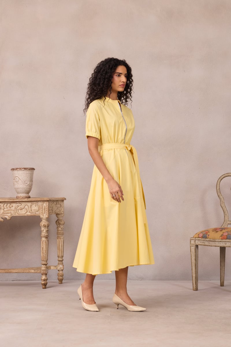 Lemon Sorbet Zip-Front Fit and Flare Midi Dress