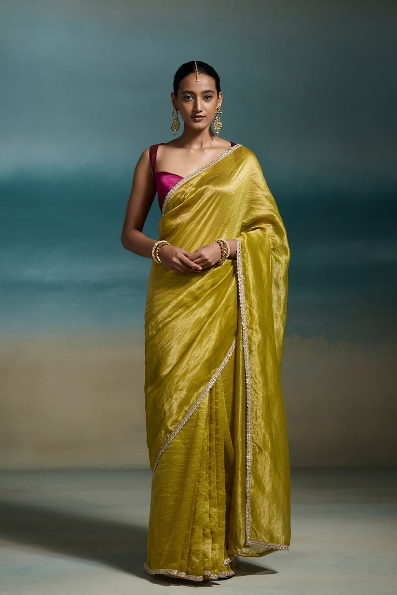 Green Chanderi Saree with Gold Zari Stripes and Sequin Border