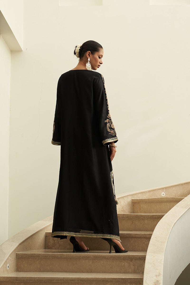 Black Chanderi Silk Embroidered A-Line Kaftan