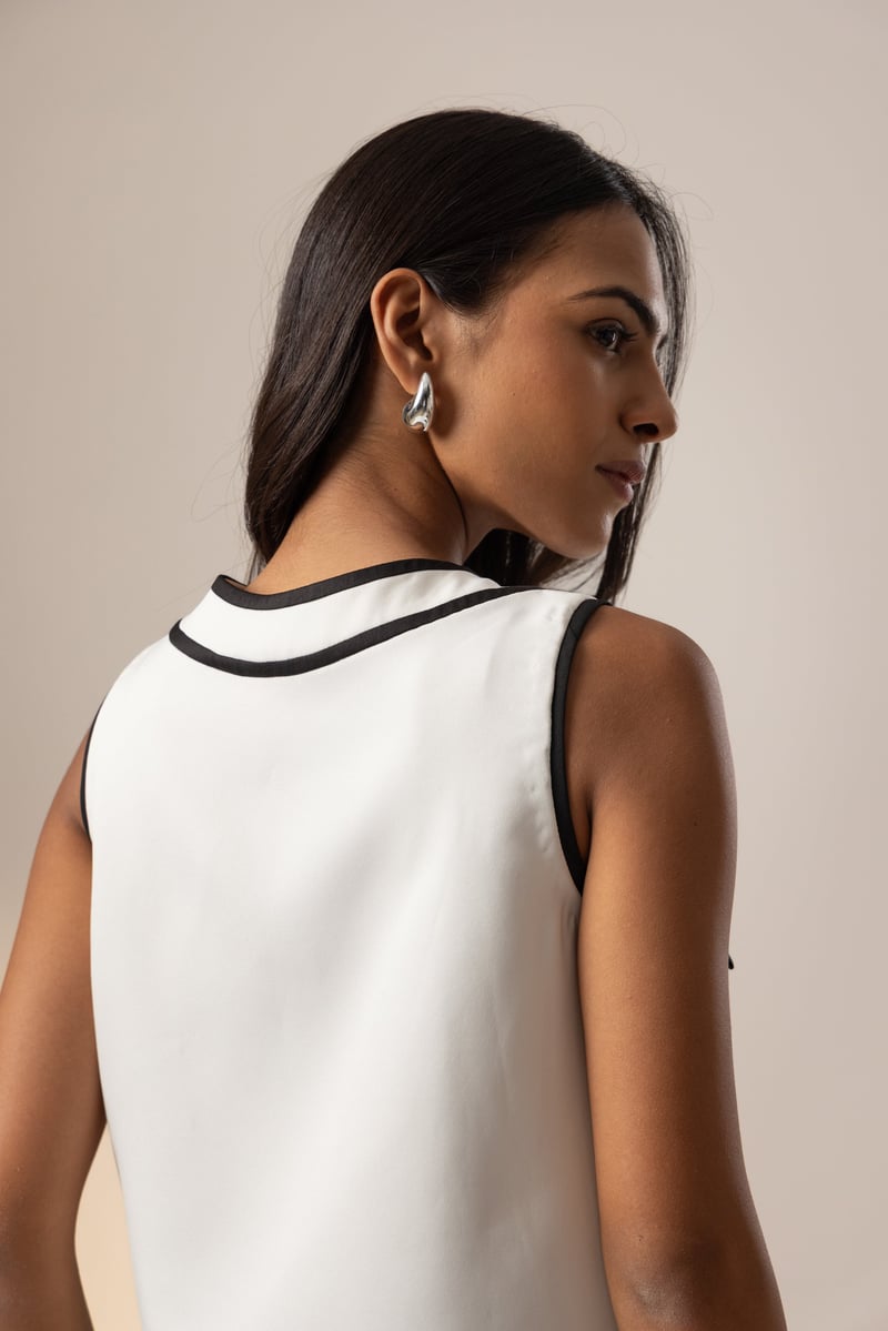 White Crepe Sleeveless A-Line Top with Contrast Piping