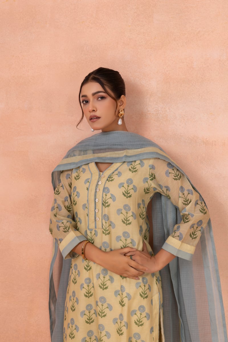 Yellow Floral Printed Straight Kurta Set with Dupatta