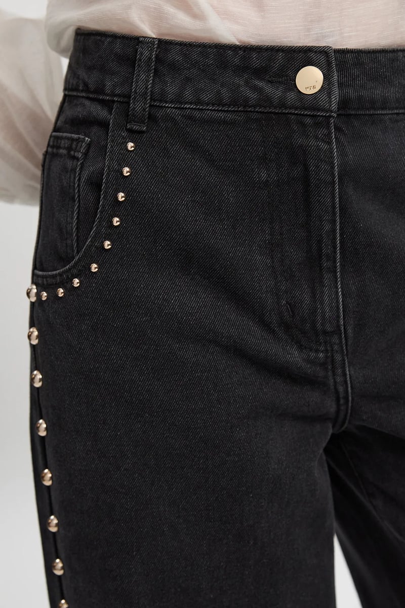 Black Wide-Leg Studded Denim Trousers