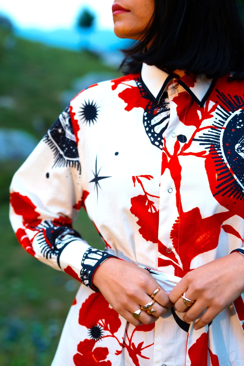 White/Red Printed Midi Shirt Dress with Detachable Belt