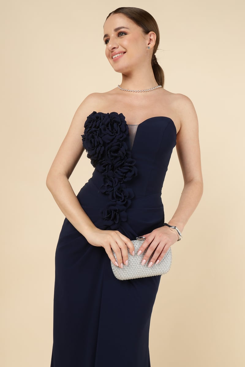 Blue Strapless Sweetheart Maxi Gown with Floral Applique