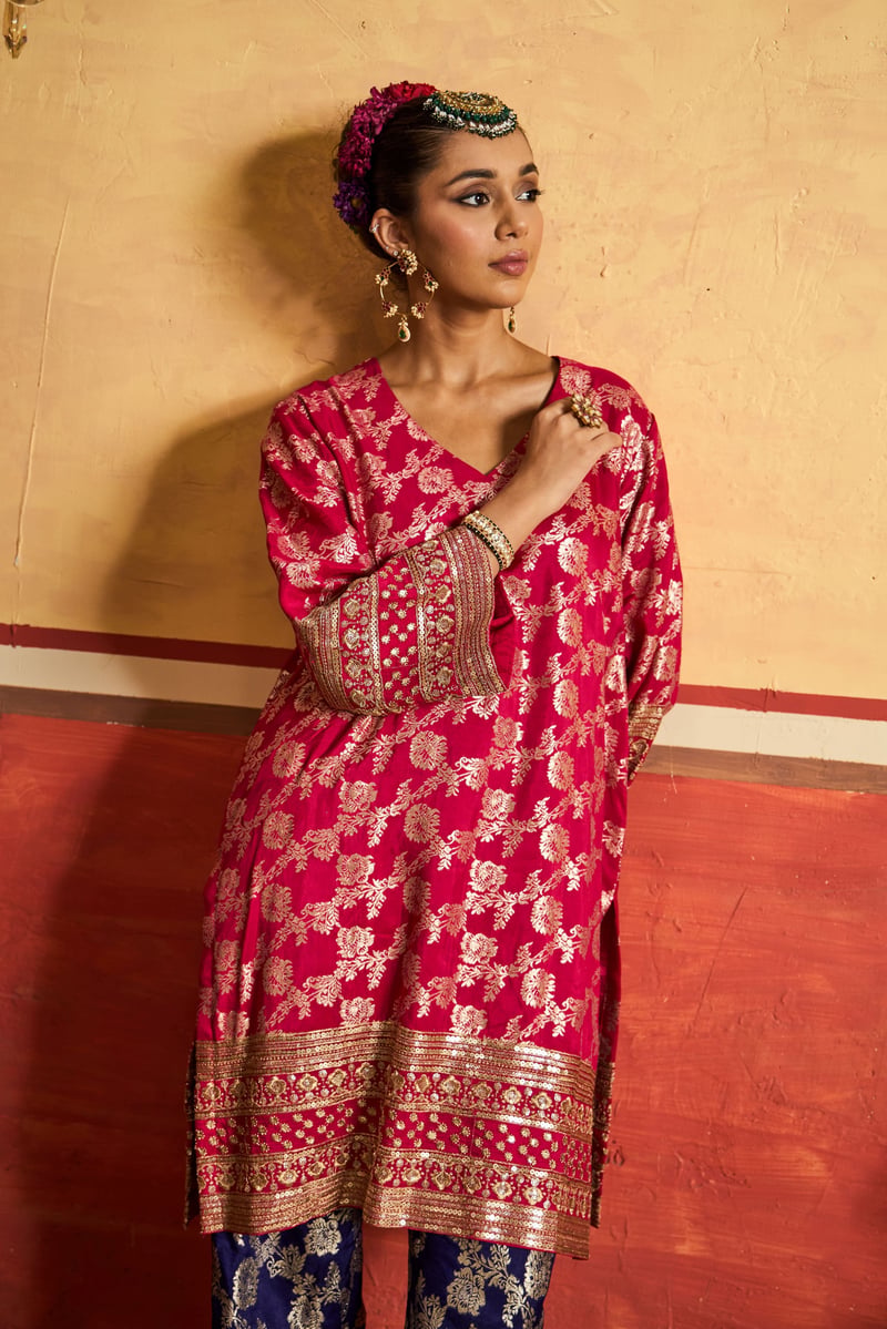 Fuchsia Tunic and Purple Brocade Pant Co-ord Set