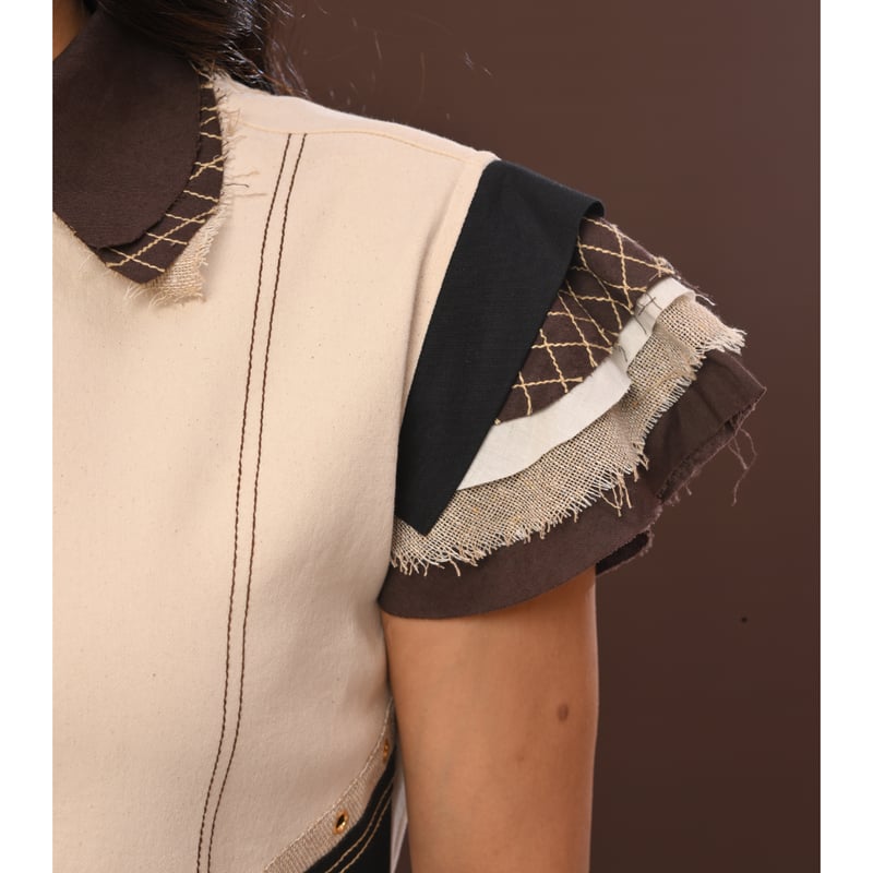 Beige and Black Colorblock Utility Shirt Dress